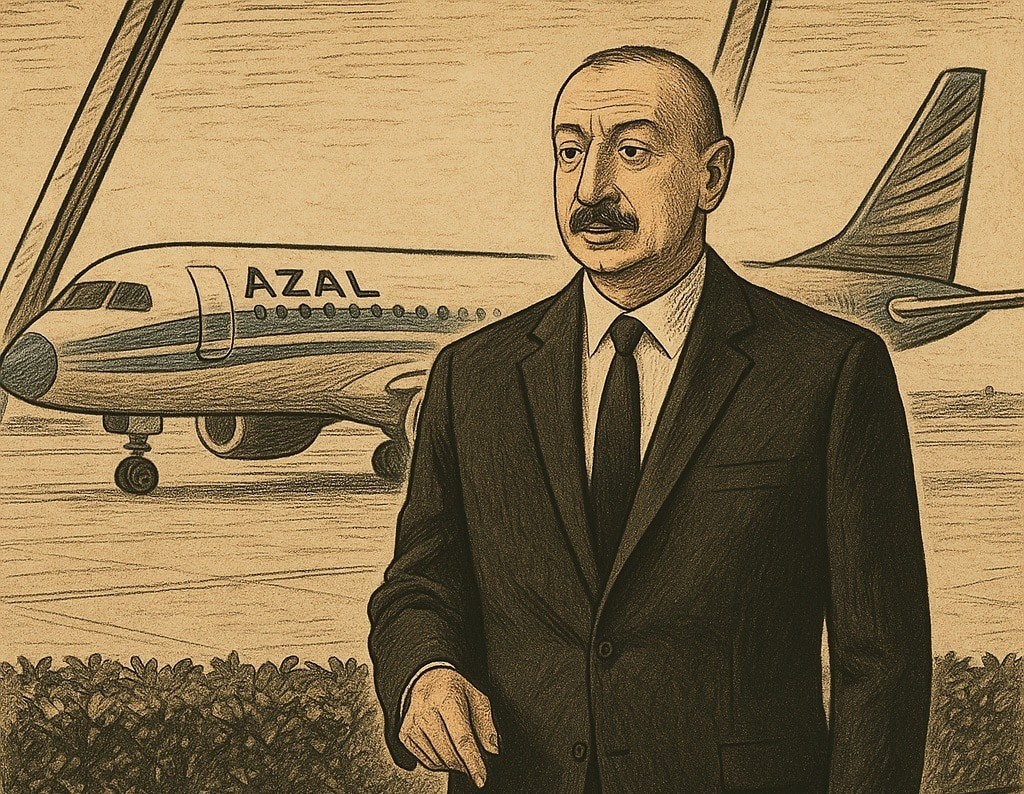 Ilham Aliev and the plane. Illustration created by the “Caucasian Knot” using AI in the Copilot software