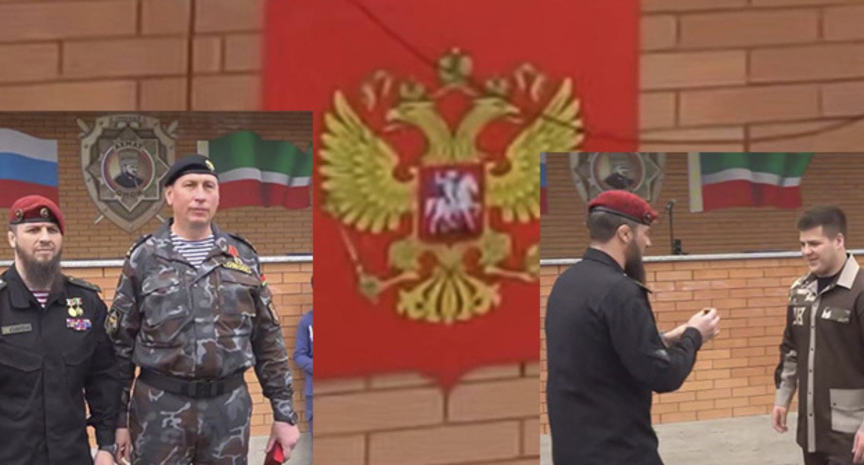 Awarding of Adam Kadyrov, Russian coat of arms without crosses. Collage by Caucasian Knot. May 12, 2025. Screenshot from video: https://lenta.ru/news/2025/05/13/na-nagrazhdenii-adama-kadyrova-zametili-gerb-rossii-bez-krestov/ https://t.me/RKadyrov_9"
