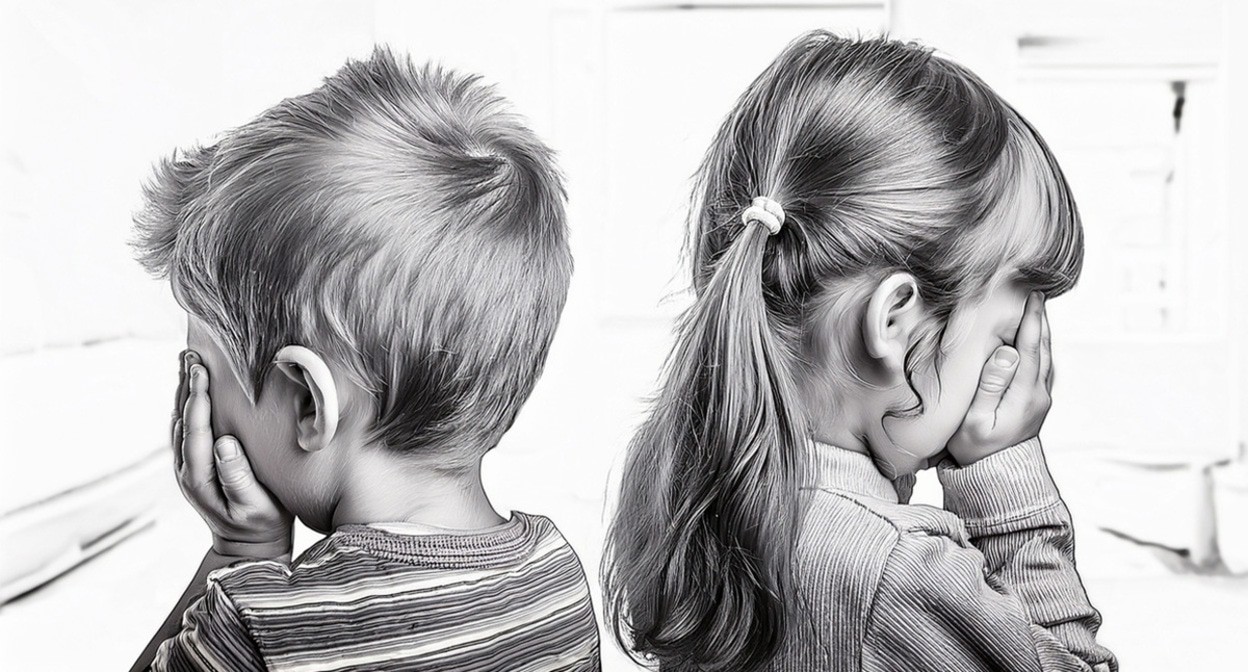 Children are crying. Illustration created by the “Caucasian Knot” using AI in Photoshop software