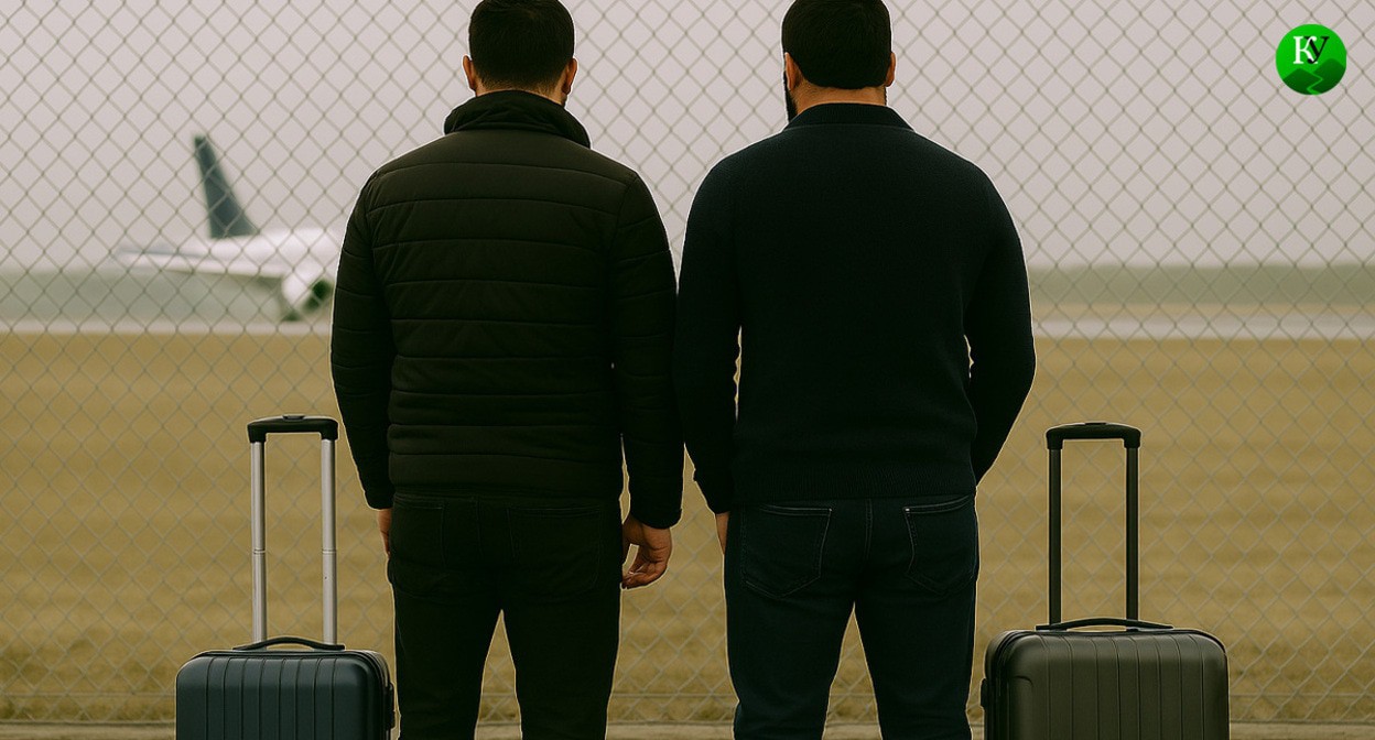 The men at the airport. Illustration created by the “Caucasian Knot” using AI in the Copilot software.