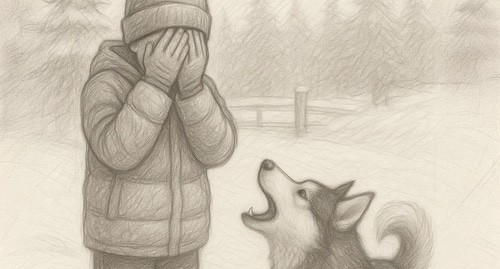 Husky barks at a boy. Illustration created by 