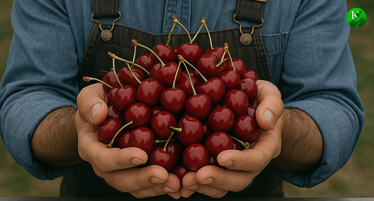 Farmer with cherries. Illustration created by "Caucasian Knot" using AI in the Copilot program