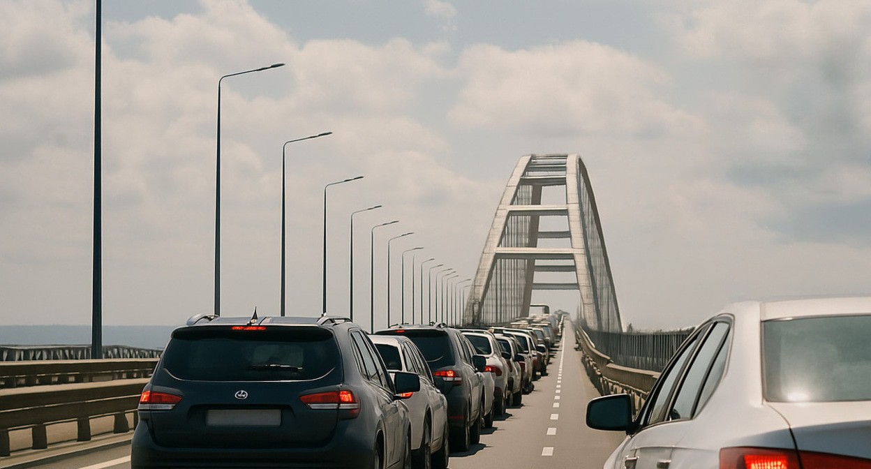 Traffic jam before the bridge. Illustration created by "Caucasian Knot" with the help of AI in the Copilot program