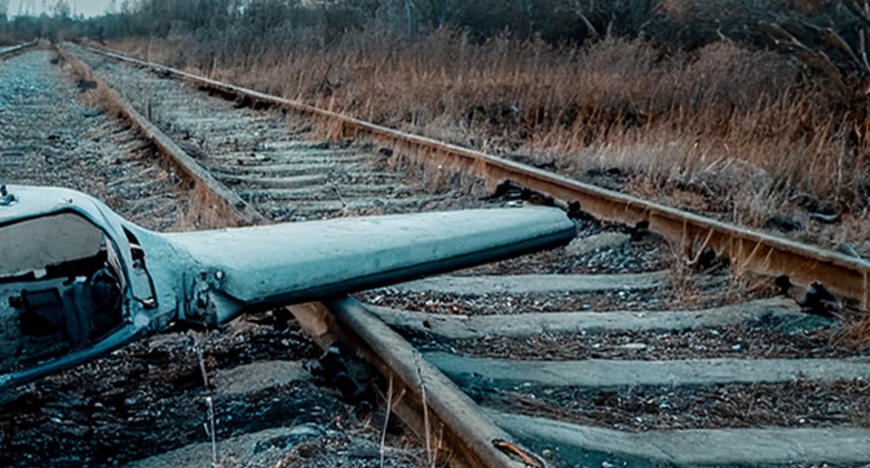 UAV wreckage on the railway. Illustration created by "Caucasian Knot" using AI in Photoshop
