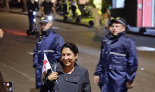 Salome Zurabishvili at a protest. Screenshot of a photo by Publika from 13.09.25, https://www.facebook.com/photo?fbid=1548897836509761&set=a.715406393192247(the activities of the Meta company, which owns the social network, are prohibited in Russia).
