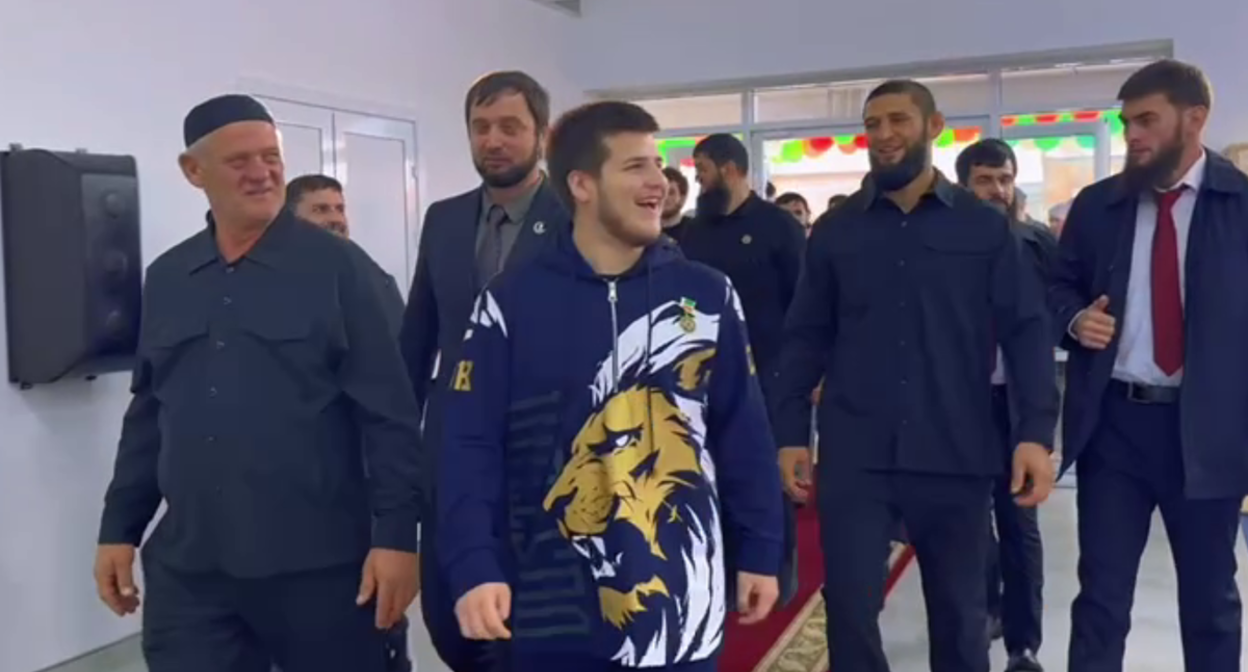 Adam Kadyrov at the opening of the Dustum sports complex named after Adam Kadyrov. Video still by Khamzat Khasanov / Telegram

