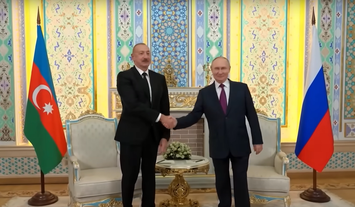 Meeting between Aliyev and Putin in Dushanbe, October 9, 2025. Still from a Baky TV/YouTube video.


