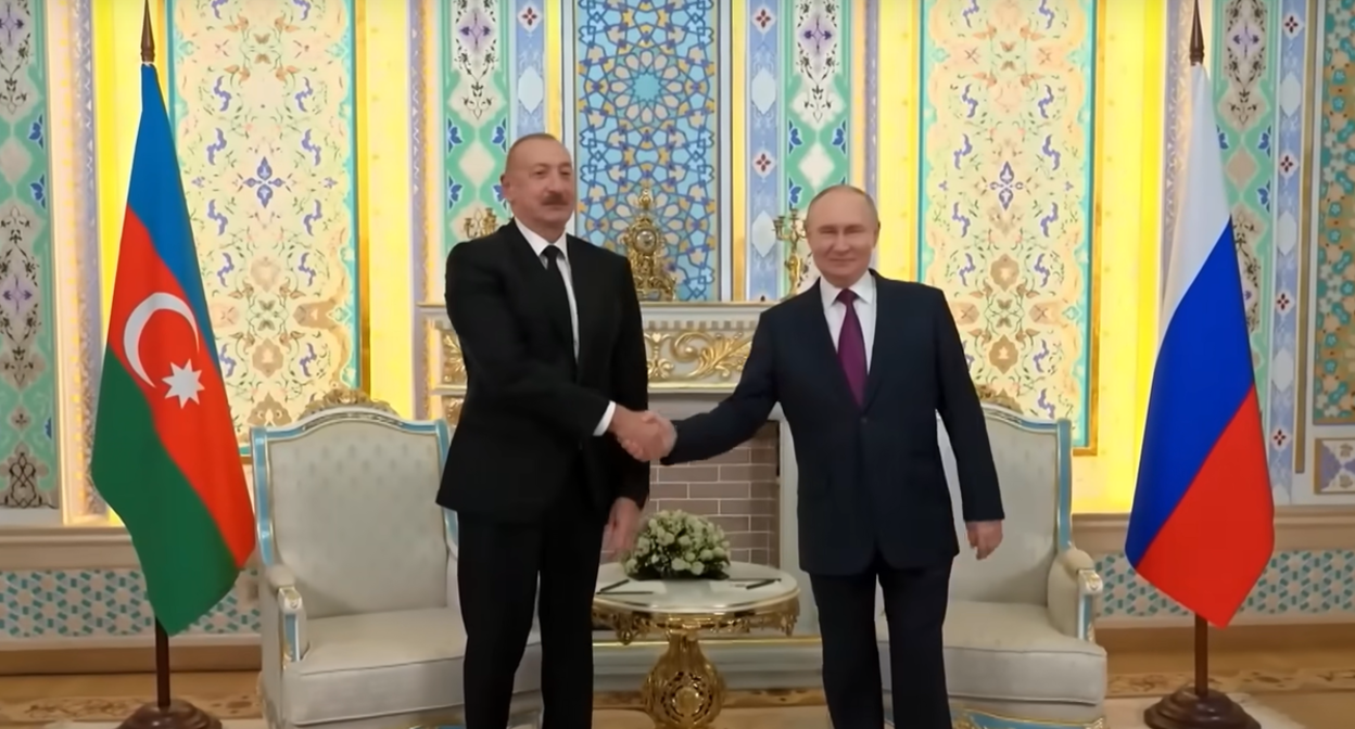 Meeting between Aliyev and Putin in Dushanbe, October 9, 2025. Still from a Baky TV/YouTube video.

