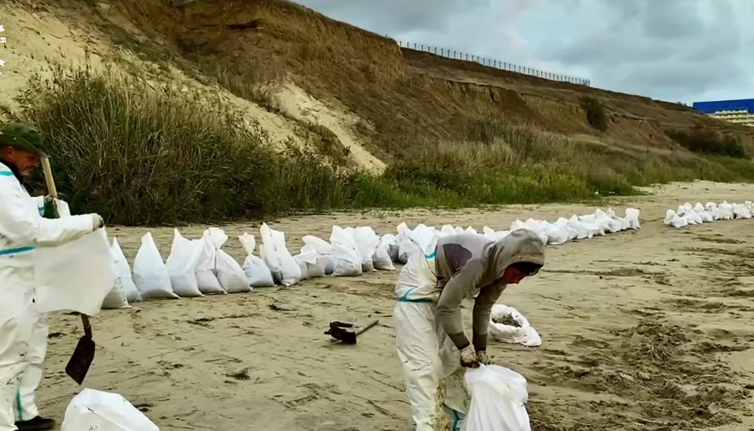 Volunteers in front of collected bags of fuel oil. Still from a video by the Dolphins headquarters from August 19, 2025, https://t.me/shtab_delfin/1305