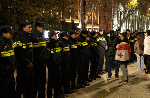 A human wall of security forces.