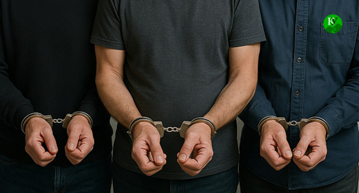 Men in handcuffs. Illustration from the "Caucasian Knot" created by AI using the Copilot program.