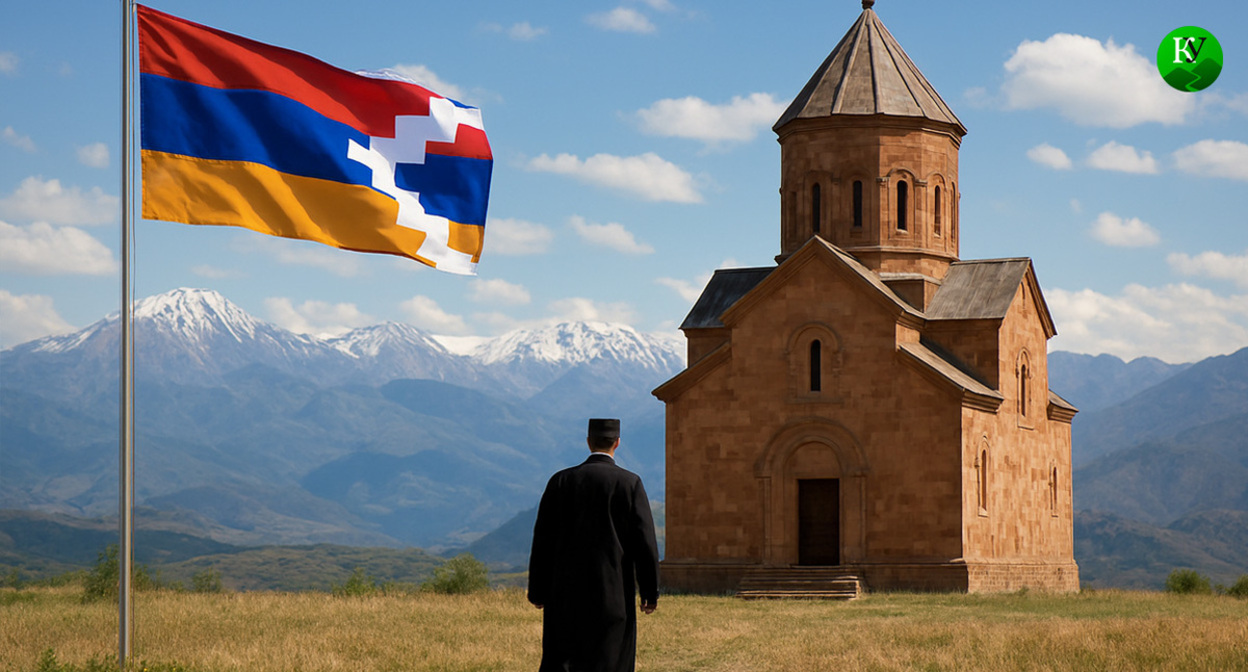 Church and flag of Nagorno-Karabakh. Illustration created by Caucasian Knot using AI in Copilot.