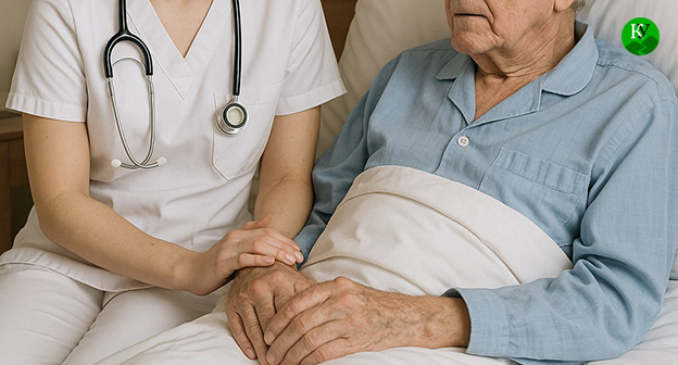 A nurse sits next to a patient. Illustration of the "Caucasian Knot" created by AI using the Copilot program.