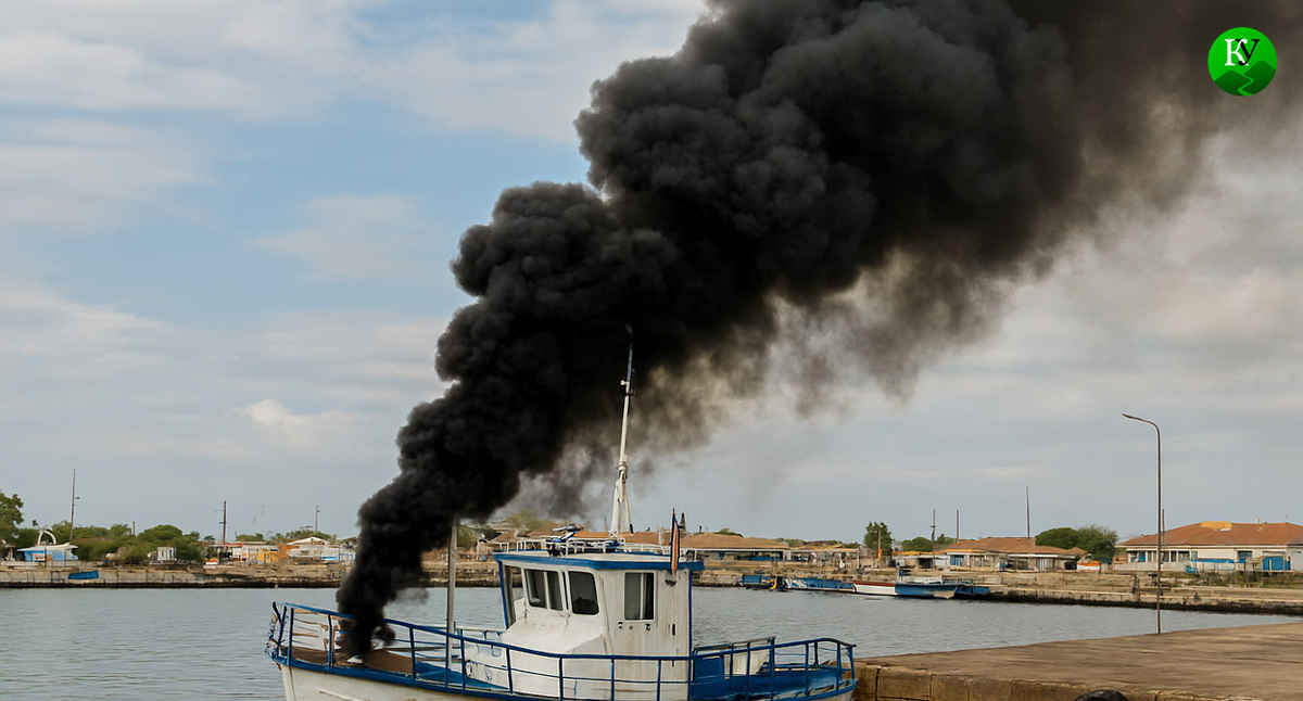 Fire on a ship. Illustration created by Caucasian Knot using AI in the Copilot program.