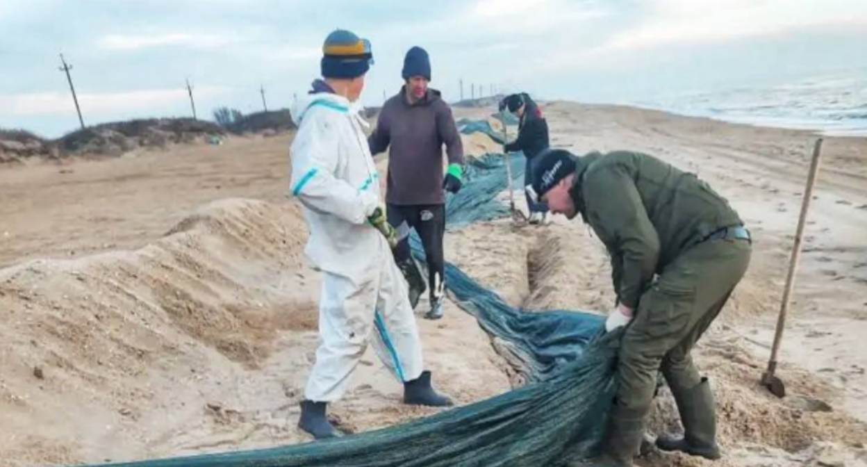 Volunteers remove nets from the Bugayskaya Spit. Screenshot from the "Nets, Sieve, Shovel" headquarters on January 6, 2026, https://t.me/setisitolopata/2247.