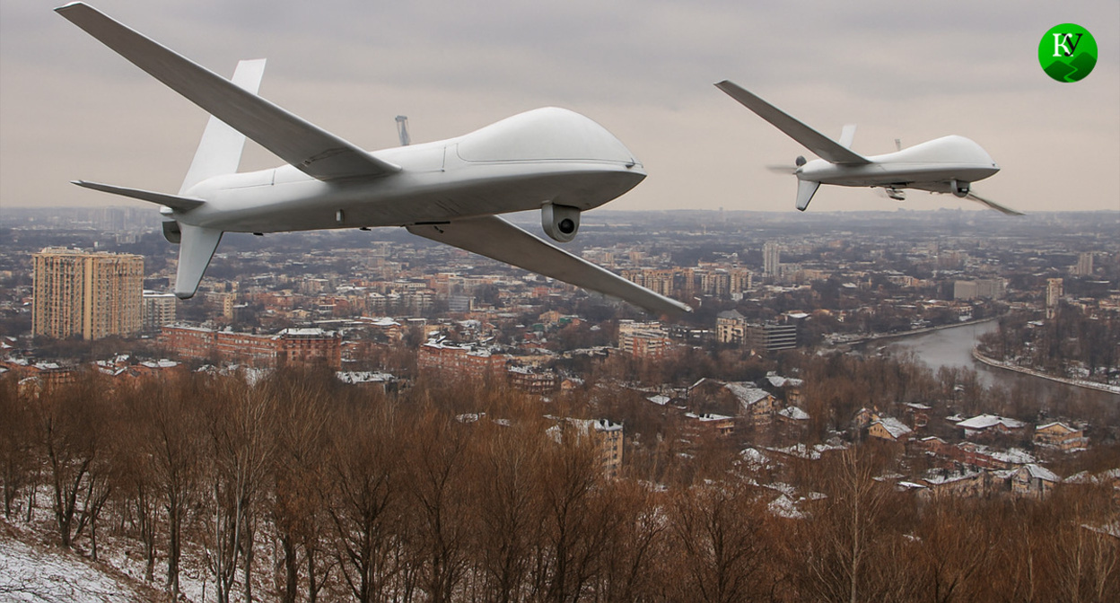 Drones over the city. Illustration created by the Caucasian Knot using AI in the Copilot program.