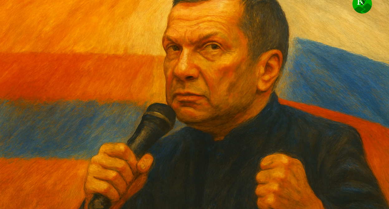 Vladimir Solovyov makes a threat. Illustration created by the "Caucasian Knot" using AI in the Copilot program.