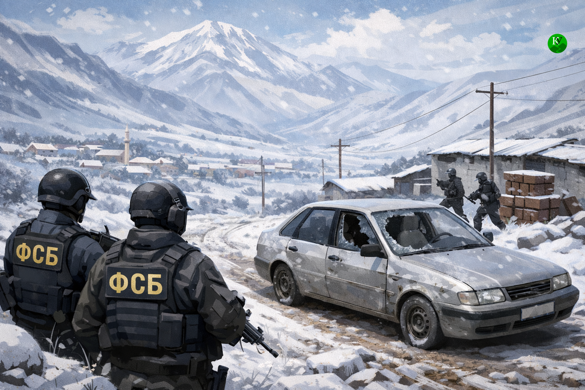 Shootout in Dagestan. Illustration created by Caucasian Knot using AI in ChatGPT.

