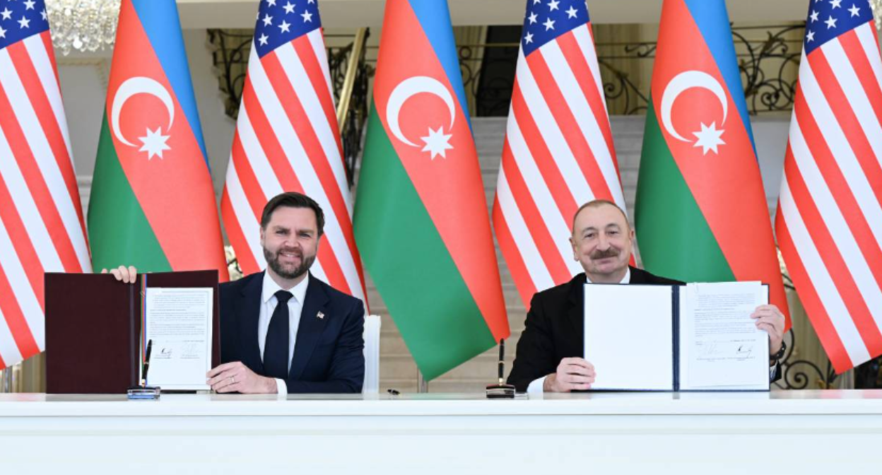J.D. Vance and Ilham Aliyev at the signing of the Charter. Screenshot from a photo by the press service of the Presidential Administration of Azerbaijan, February 10, 2026, https://president.az/az/articles/view/71562