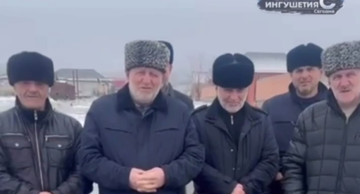 A still from a video message from Sagopshi residents to Kalimatov. Photo: News_Ingushetii Official / Telegram channel A still from a video message from Sagopshi residents to Kalimatov. Photo: News_Ingushetii Official / Telegram channel