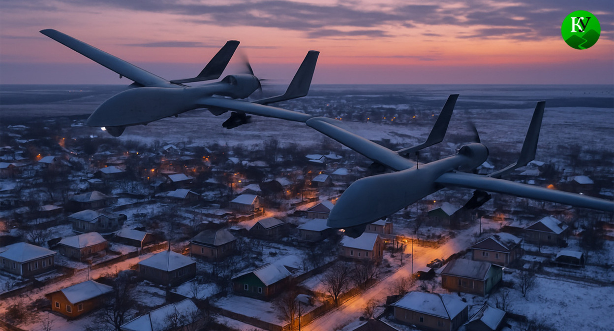 A UAV in flight. Illustration created by the Caucasian Knot using AI in the Copilot program.