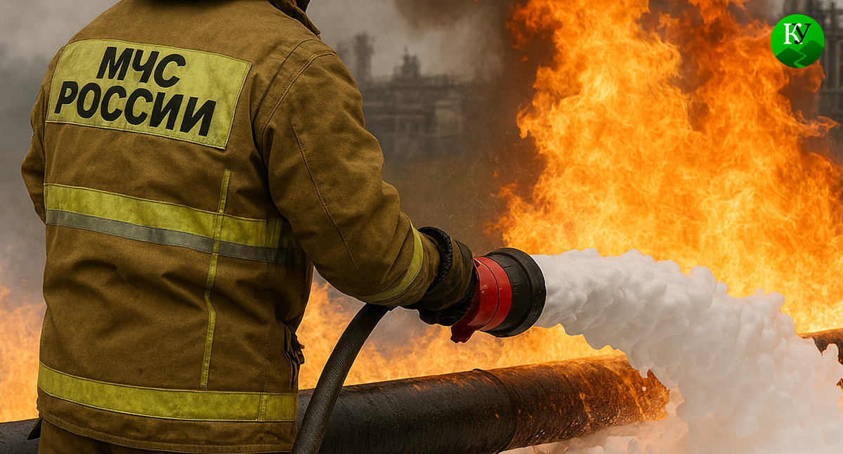 A firefighter extinguishes a fire at an oil depot. This illustration was created by Caucasian Knot using AI in the Copilot program.