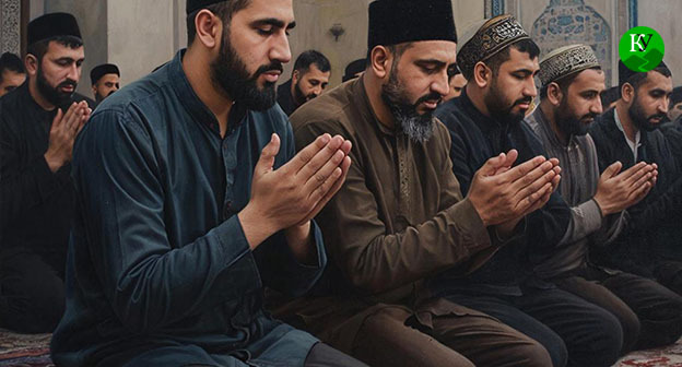 Believers during prayer. Illustration created by the Caucasian Knot using AI in the Copilot program.