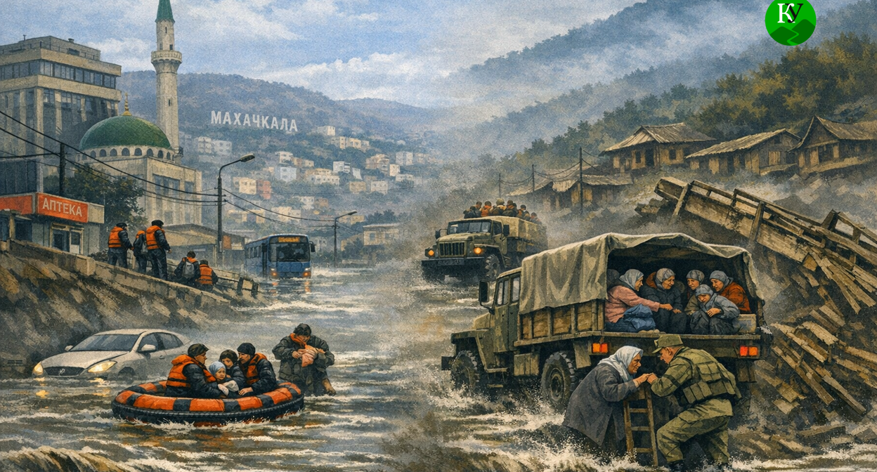 Flooding in Dagestan and Chechnya. Illustration created by the "Caucasian Knot" using AI in the Copilot program.