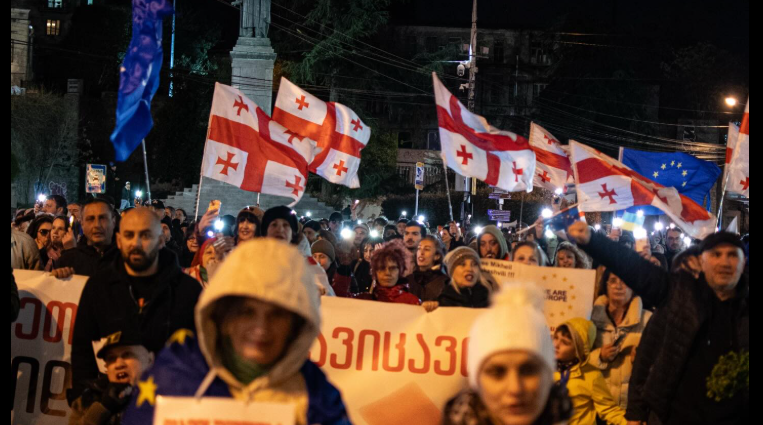 Participants in a march in Tbilisi. Screenshot from Publika photo from April 4, 2026, https://www.facebook.com/photo/?fbid=1723946605671549&set=pcb.1723946732338203 (Meta, the company that owns the social network, is banned in Russia).