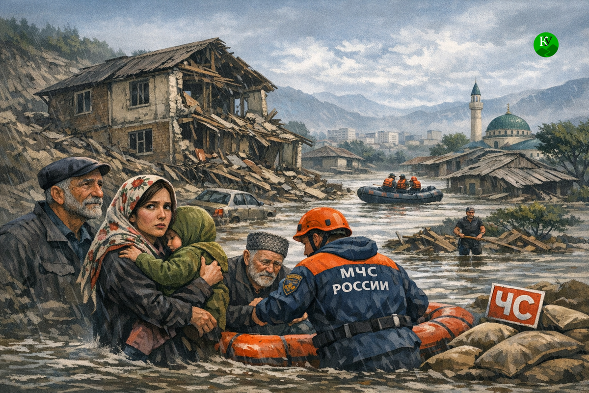 Flooding in Dagestan. Illustration created by the "Caucasian Knot" using AI in the Copilot program. Flooding in Dagestan. Illustration created by the "Caucasian Knot" using AI in the Copilot program.