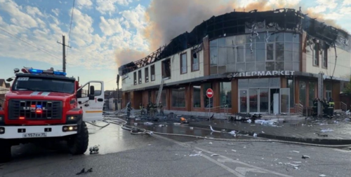 Supermarket after being hit by a drone. Screenshot of the photo "Grozny Inform" from 06.05.26, https://t.me/groznyinform/61678.