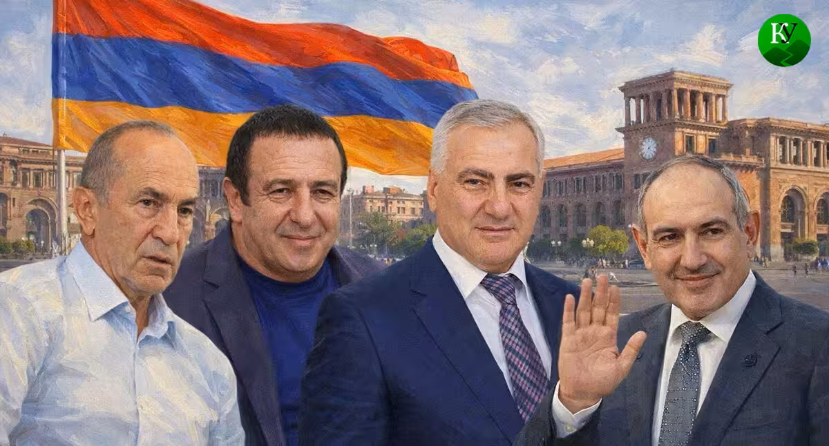 Robert Kocharyan, Gagik Tsarukyan, Samvel Karapetyan, Nikol Pashinyan. Illustration created by Caucasian Knot using AI in the Copilot program.