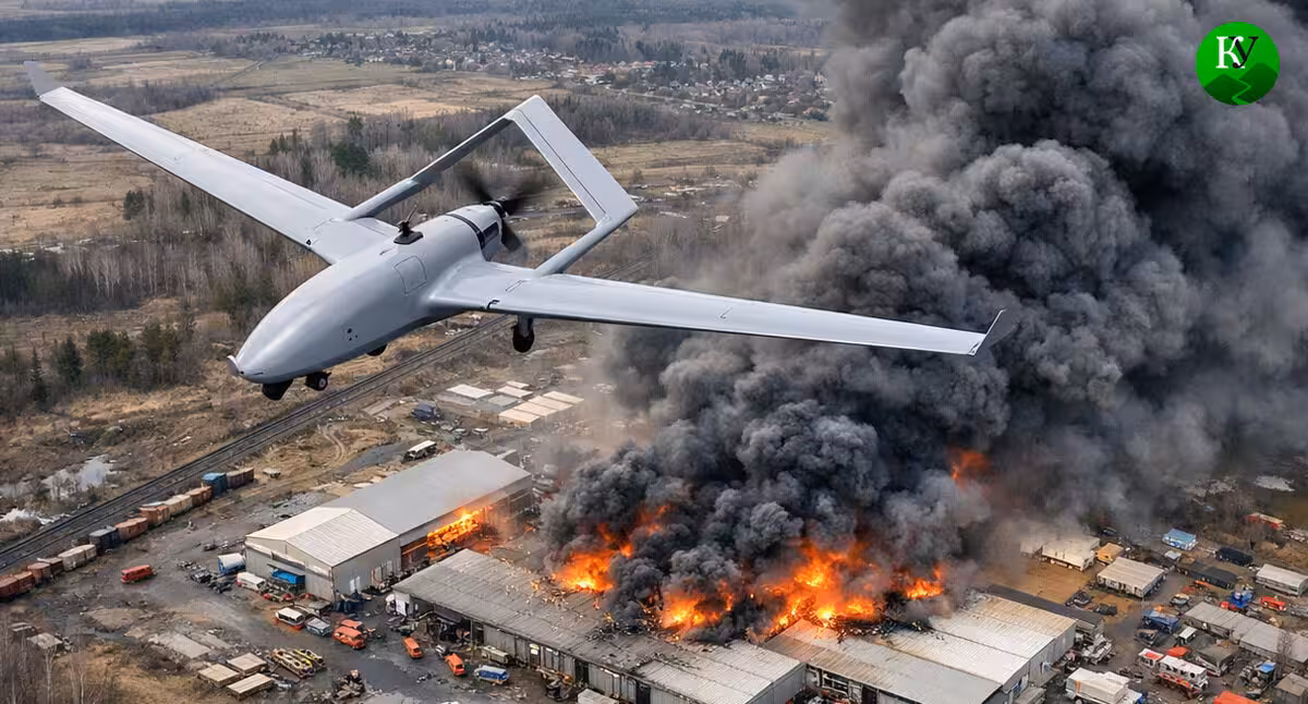 A drone and damage to a commercial facility. Illustration created by Caucasian Knot using AI in the Copilot program.
