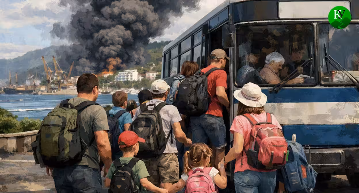 Evacuation of residents. Illustration created by the Caucasian Knot using AI in the Copilot program.