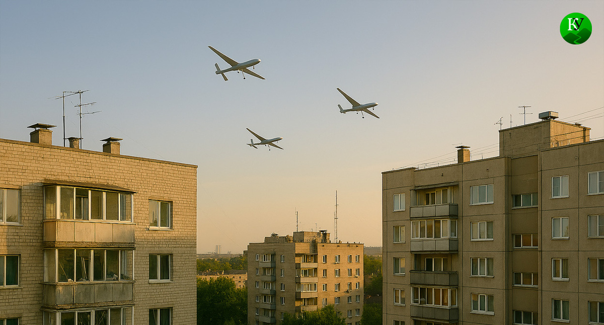 A drone over the city. Illustration created by the Caucasian Knot using AI in the Copilot program.