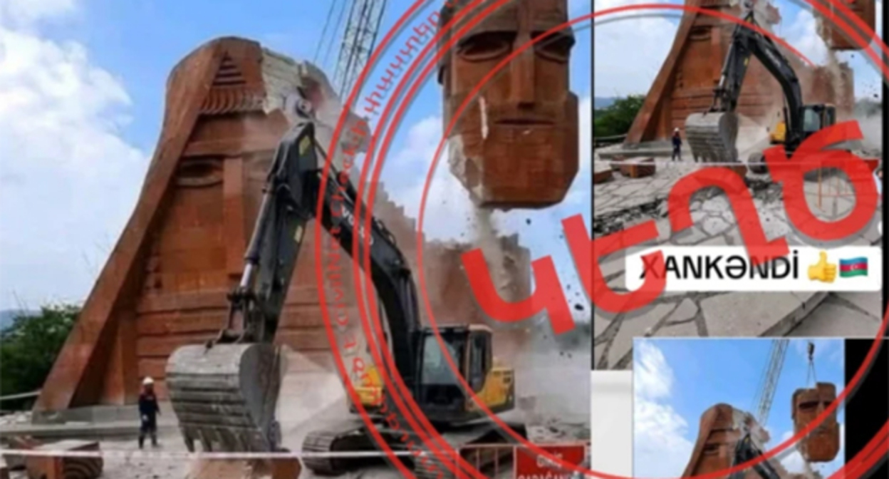 A photograph used by users to claim that Azerbaijani forces are using construction equipment to destroy the "We Are Our Mountains" monument. Photo: https://civilnet.am/hy/news/1012657 A photograph used by users to claim that Azerbaijani forces are using construction equipment to destroy the "We Are Our Mountains" monument. Photo: https://civilnet.am/hy/news/1012657