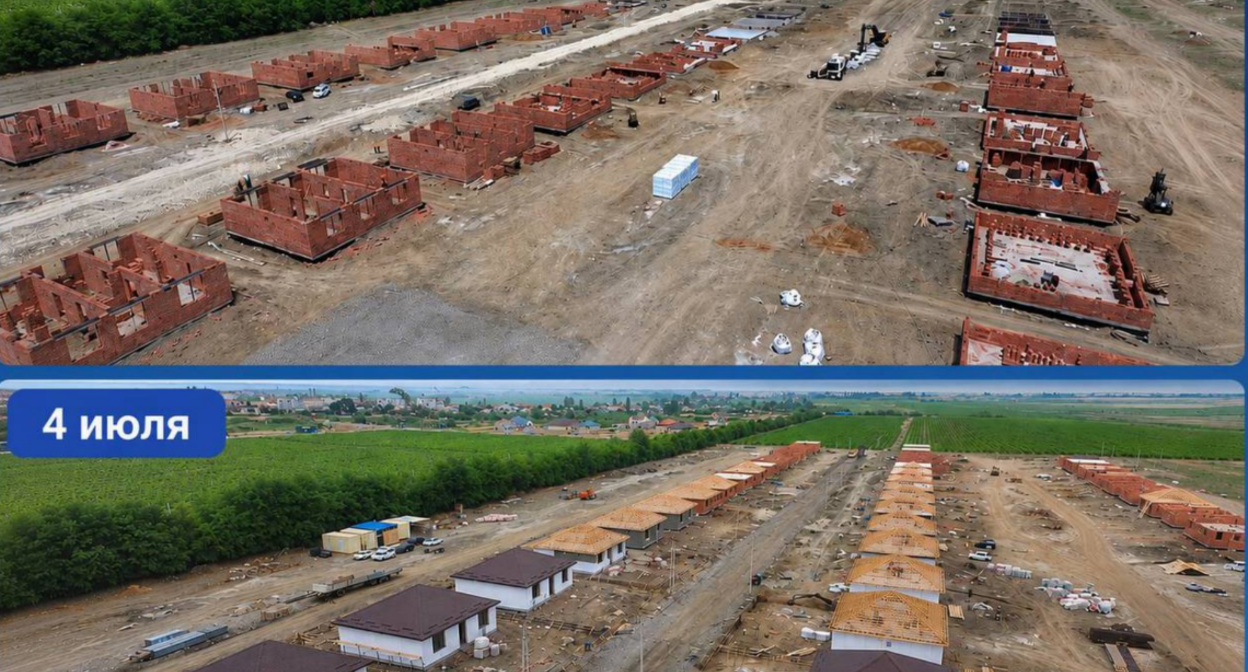 The new microdistrict in Mamedkala on June 20 (above) and July 4. Screenshot from the government of Dagestan https://t.me/pravitelstvord/39298