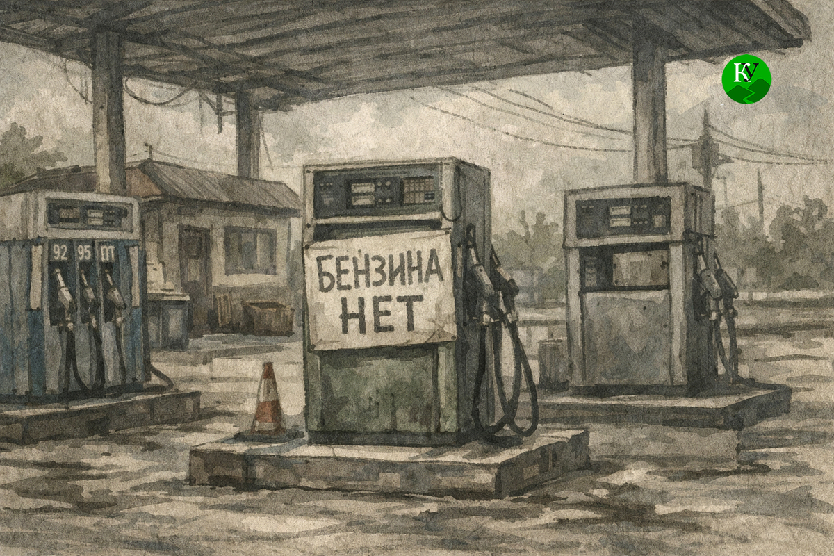 Announcement at the gas station about the lack of gasoline. Illustration created by "Caucasian Knot" using AI in the Copilot program.