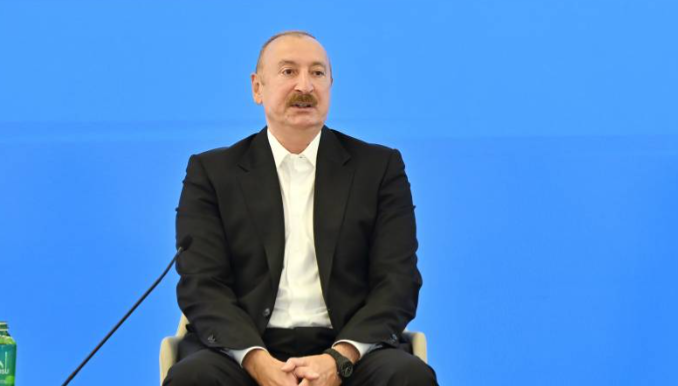 Aliyev at the media forum in Shusha. Screenshot from photo dated 13.07.26, https://president.az/az/articles/view/72945
