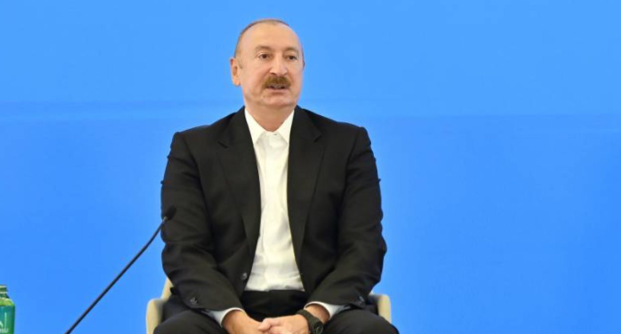 Aliyev at the media forum in Shusha. Screenshot from photo dated 13.07.26, https://president.az/az/articles/view/72945