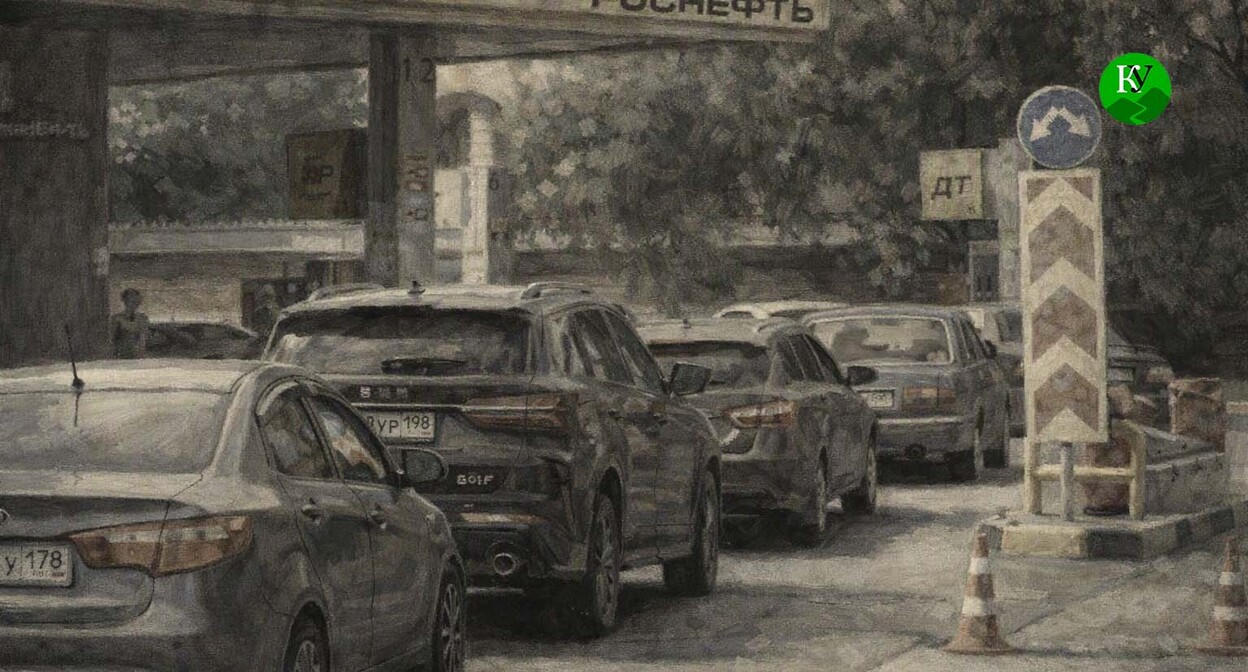 Queue at the gas station. Illustration created by "Caucasian Knot" using AI in the Copilot program.