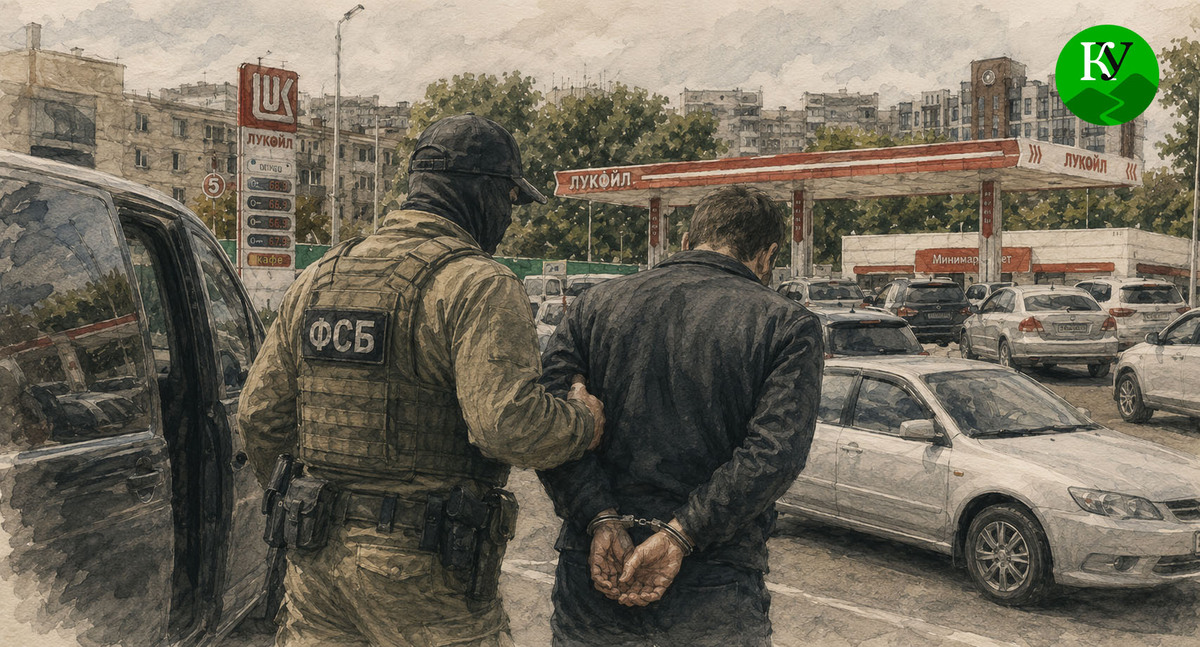 An FSB officer detains a man. Illustration created by "Caucasian Knot" using the Copilot program.