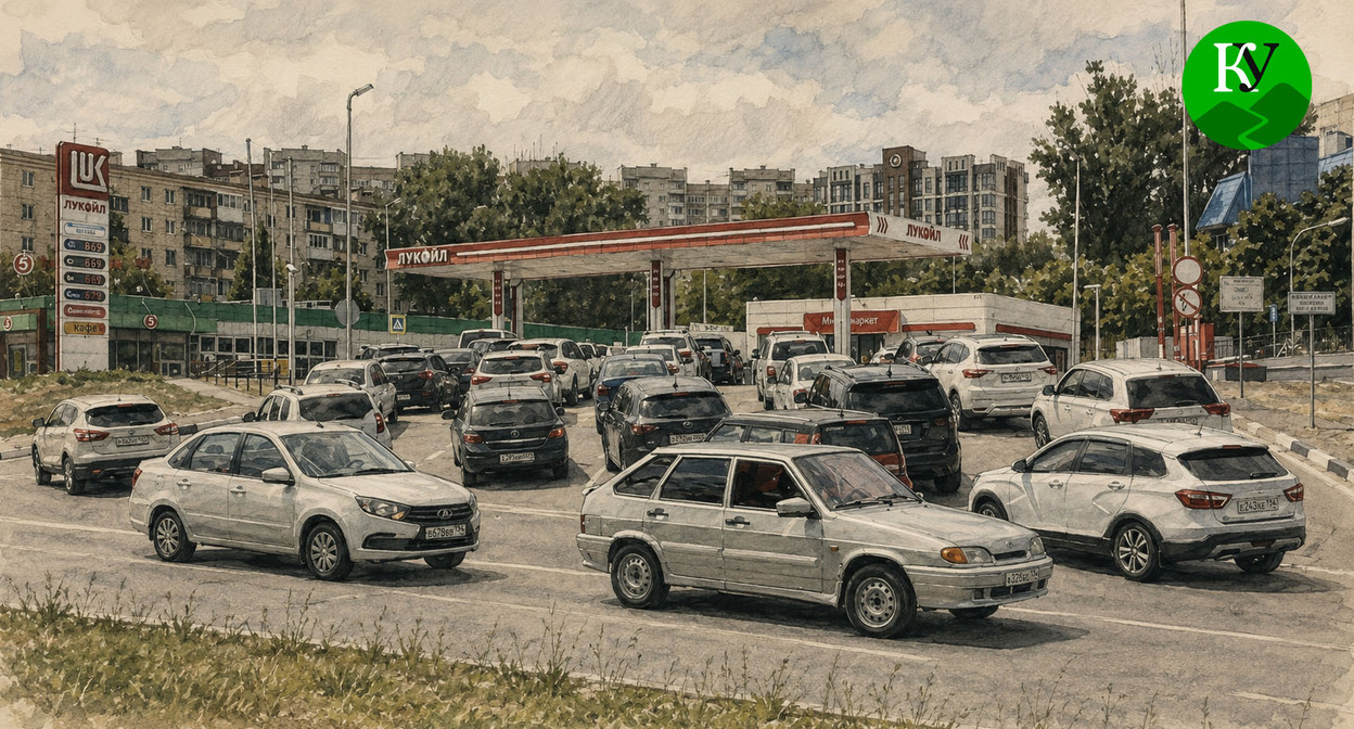 Queue at the gas station. Illustration created by "Caucasian Knot" using AI in the Copilot program.