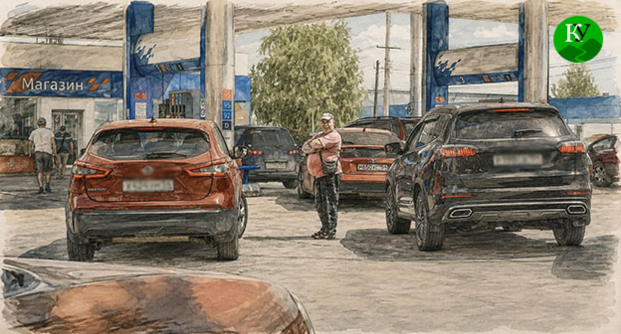 Queue at the gas station. Illustration created by "Caucasian Knot" using AI in the Copilot program.