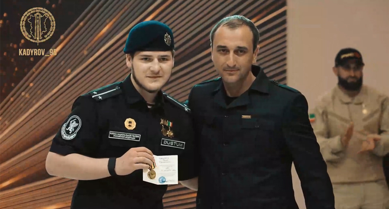 The awarding of Adam Kadyrov with the medal of the Ministry of Defense of Abkhazia. A frame from the video in Ramzan Kadyrov's Telegram channel - https://t.me/RKadyrov_95/6855 The awarding of Adam Kadyrov with the medal of the Ministry of Defense of Abkhazia. A frame from the video in Ramzan Kadyrov's Telegram channel - https://t.me/RKadyrov_95/6855