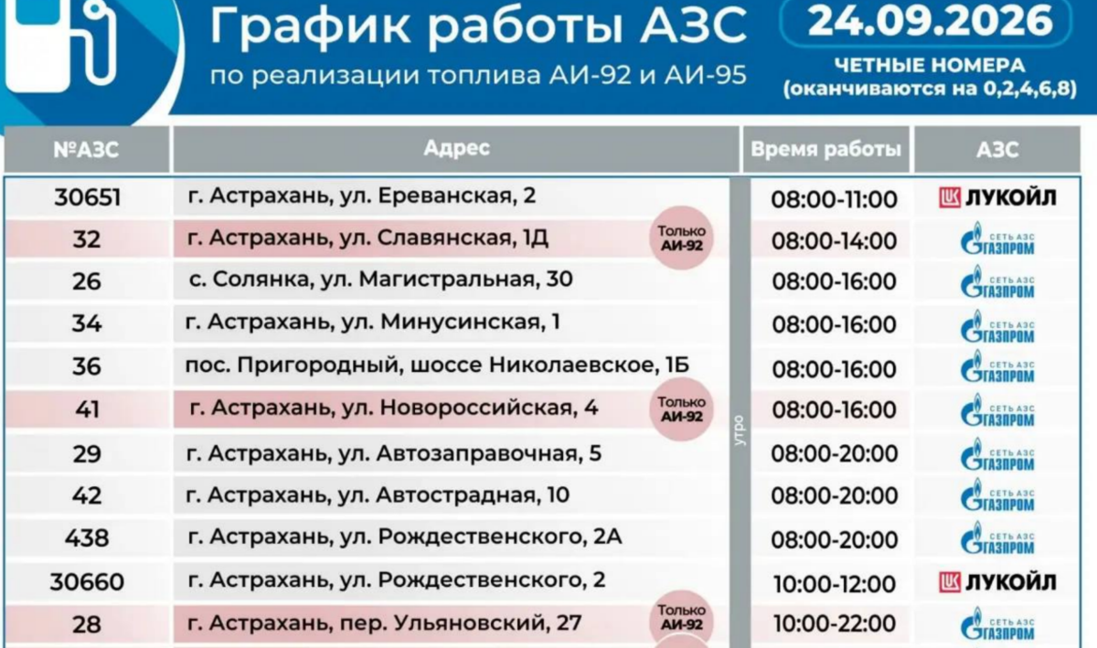 Gas station working hours in Astrakhan. Screenshot from Babushkin's TG from 24.09.26, https://t.me/babushkin30/11638 Gas station working hours in Astrakhan. Screenshot from Babushkin's TG from 24.09.26, https://t.me/babushkin30/11638