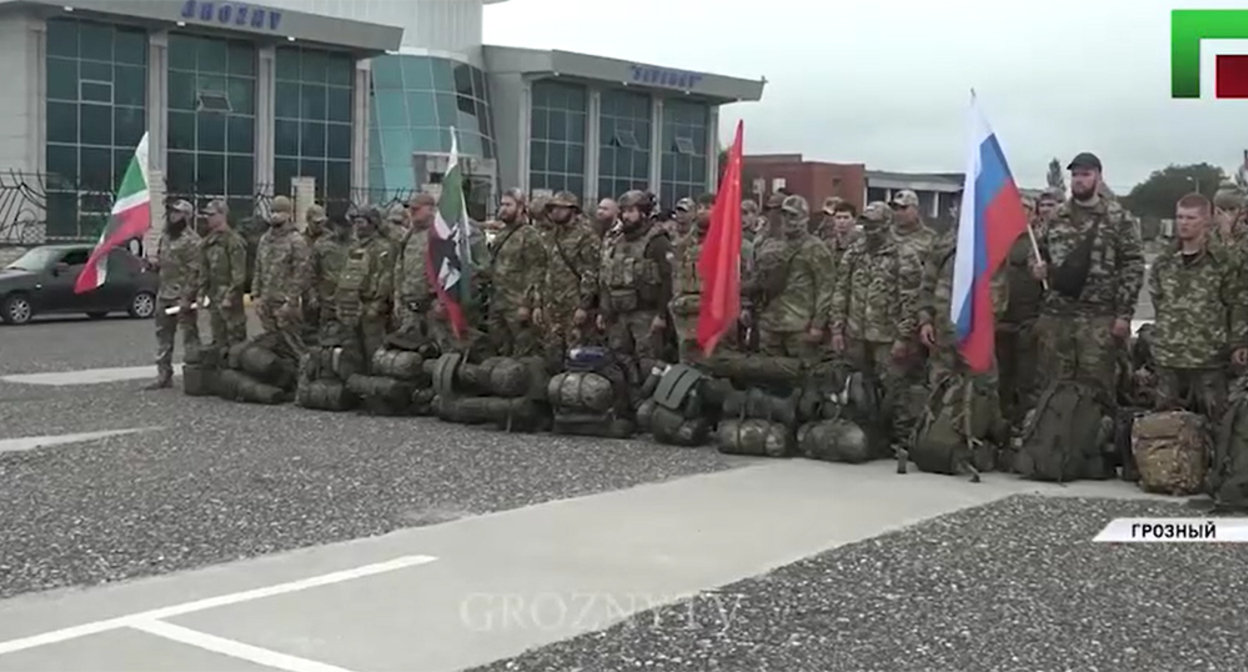 A group of fighters in Grozny before being sent to the special military operation zone. Frame from the video https://www.instagram.com/p/DdwyuuLxAjx (the activities of the company Meta (which owns Facebook, Instagram, and WhatsApp) are banned in Russia)