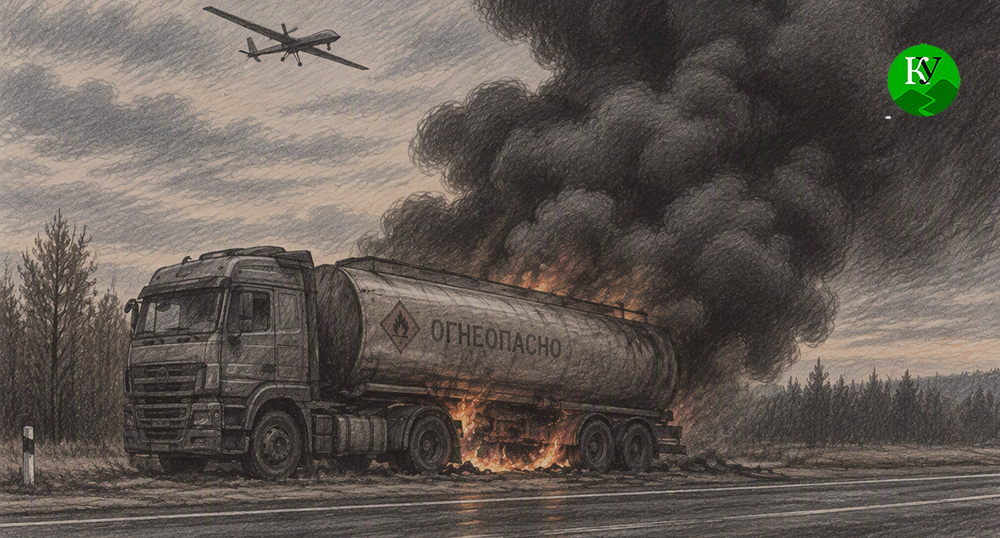 A burning fuel truck and UAV. Illustration created by "Caucasian Knot" using AI in the Copilot program. A burning fuel truck and UAV. Illustration created by "Caucasian Knot" using AI in the Copilot program.